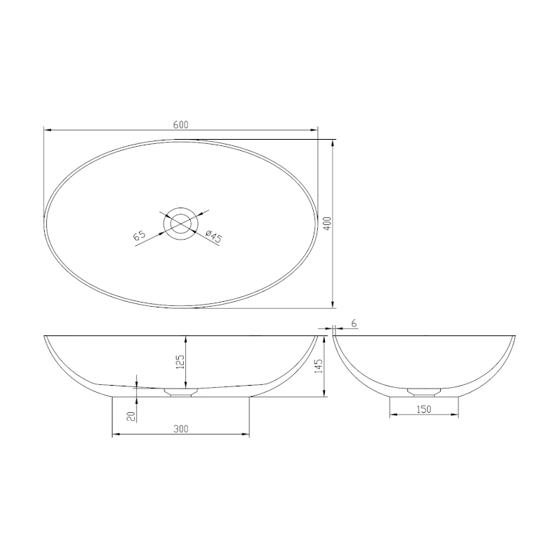 BANERA OVAL umyvadlo na desku, litý mramor, 60x40cm, bílá/šedá mat 14397.32