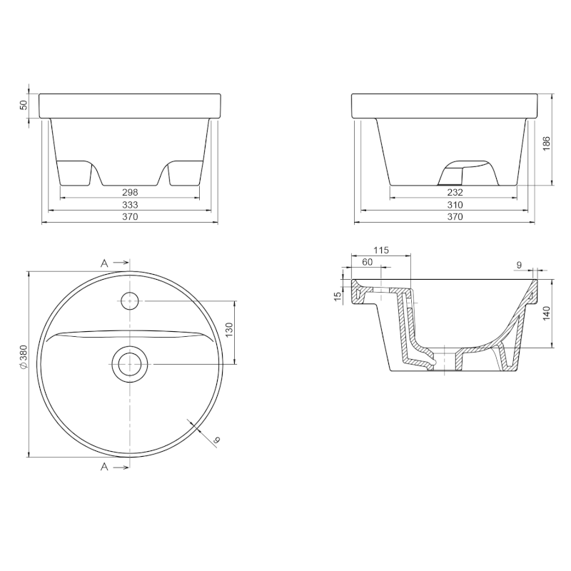 YUVA keramické umyvadlo zápustné, Ø 38cm, bílá TU0652