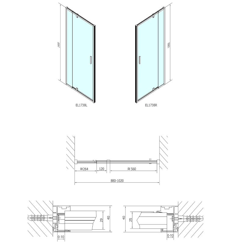 EASY sprchové dveře otočné 880-1020mm, sklo BRICK EL1738