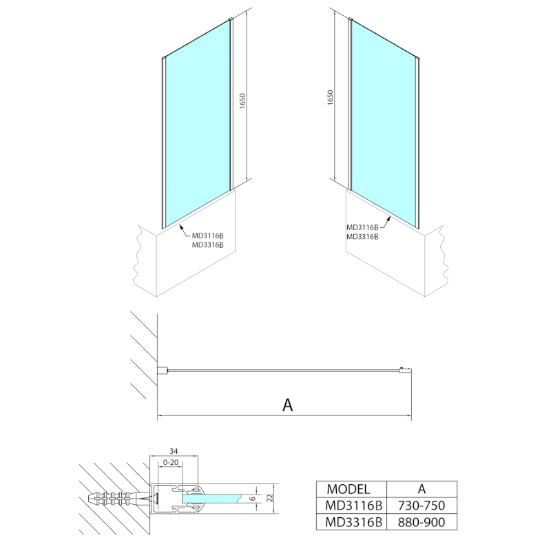 DEEP BLACK boční stěna 750x1650mm, čiré sklo MD3116B