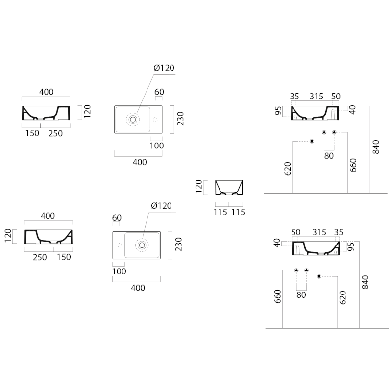 KUBE X keramické umývátko 40x23cm, bez otvoru, pravé/levé, tortora mat 9484005