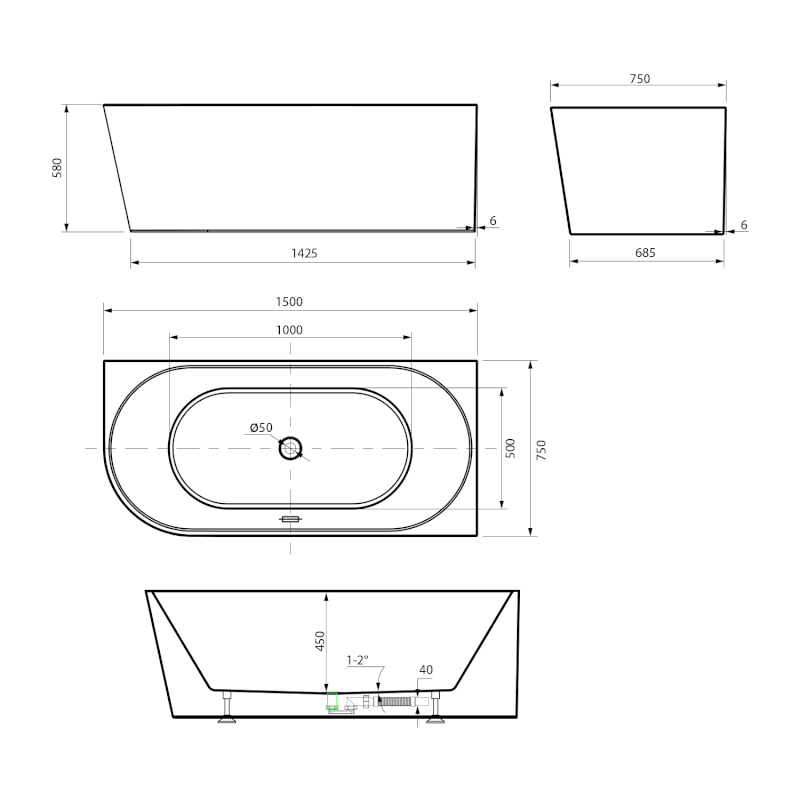 TIBERA R rohová stojící vana, 150x75cm, bílá E1037