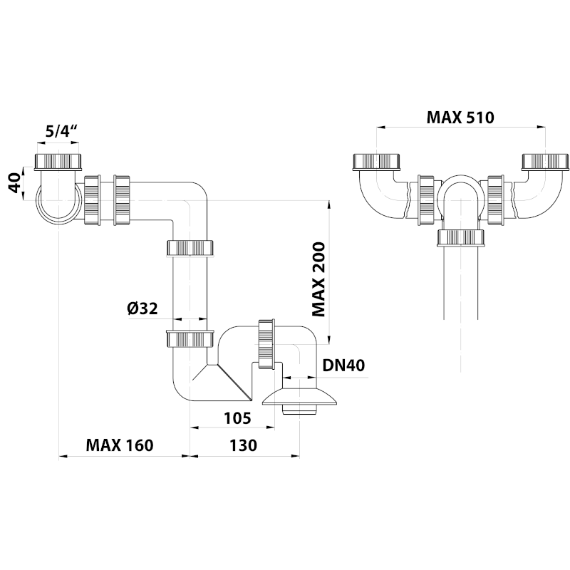 Umyvadlový sifon pro dvojumyvadlo, 5/4