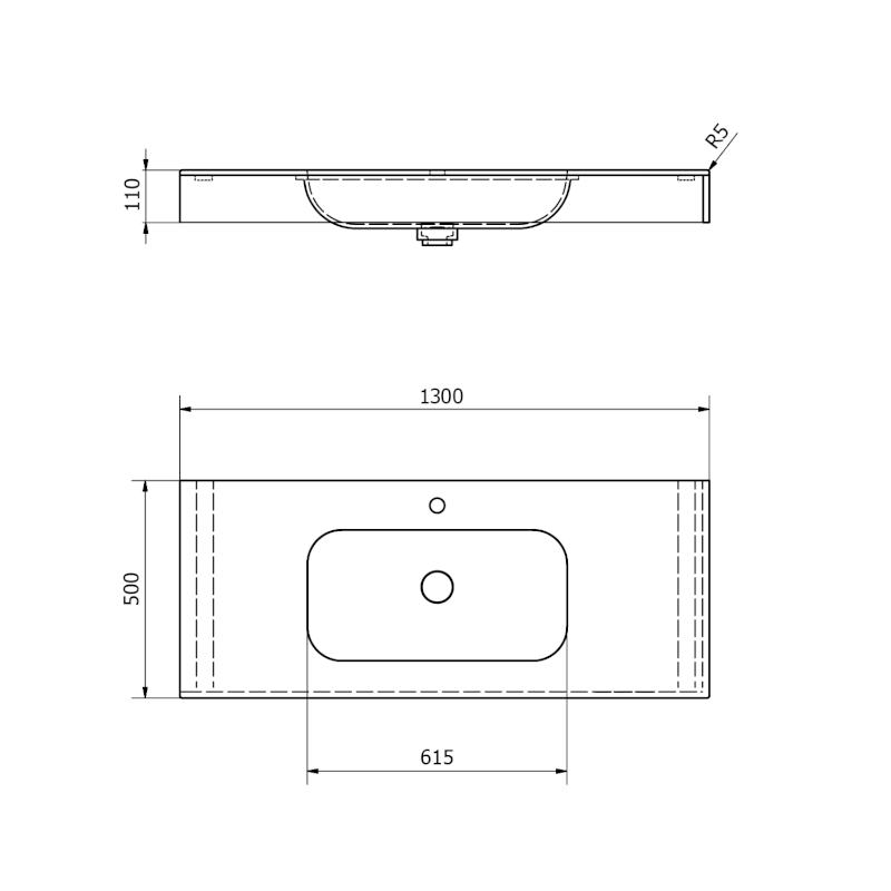 EMICO umyvadlo, Rockstone, 130x50cm, límec L, bílá mat EM130-B1M-L