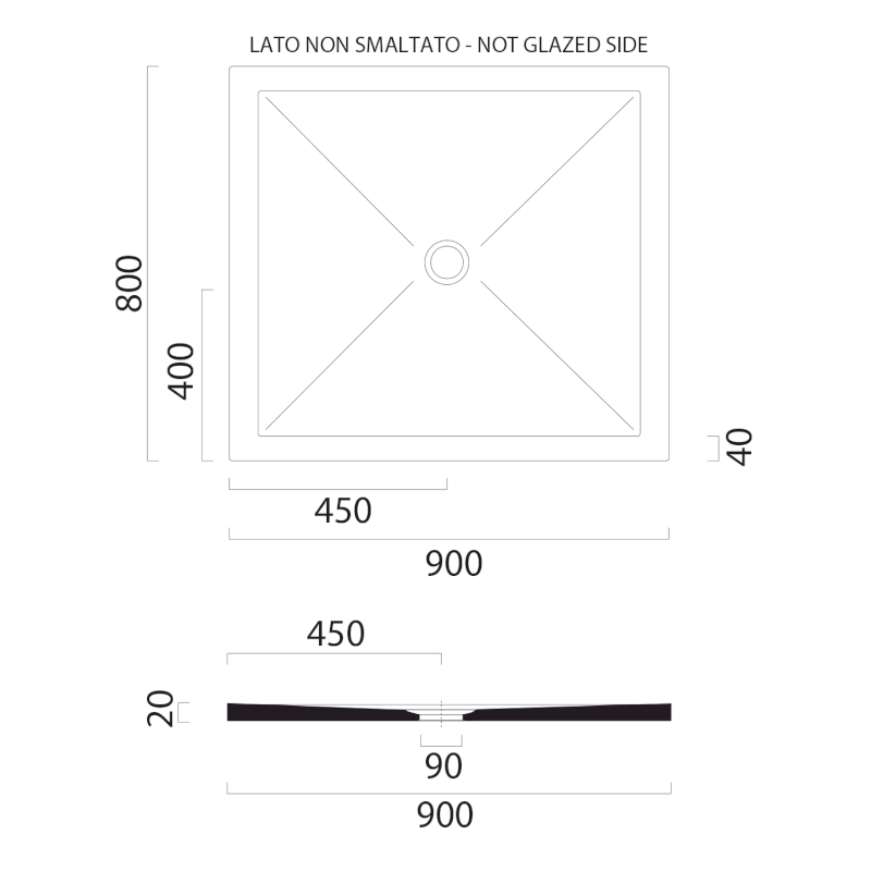 Keramická sprchová vanička, obdélník 90x80x2cm, creta mat 46090808