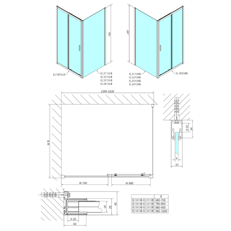 EASY BLACK sprchové dveře 1600mm, čiré sklo EL1815B