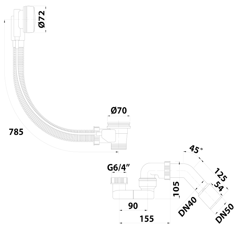 Vanová souprava, L-785mm, DN40/50, ABS/chrom 164.170.0