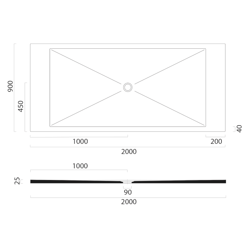 Keramická sprchová vanička, obdélník 200x90x2cm, bílá mat 46200909