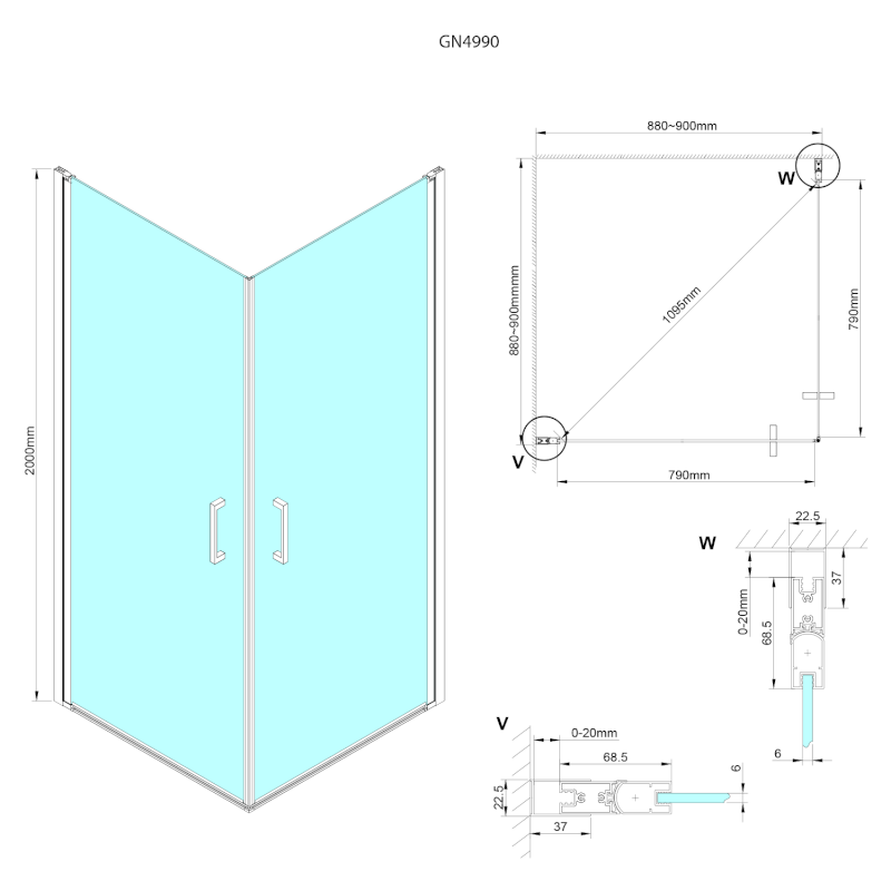 LORO sprchové dveře jednodílné pro rohový vstup 900mm, čiré sklo GN4990