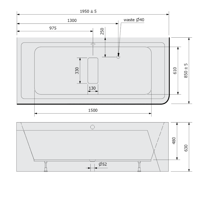 MARLENE CURVE L MONOLITH obdélníková vana 195x85x63cm, bílá 78731MCL