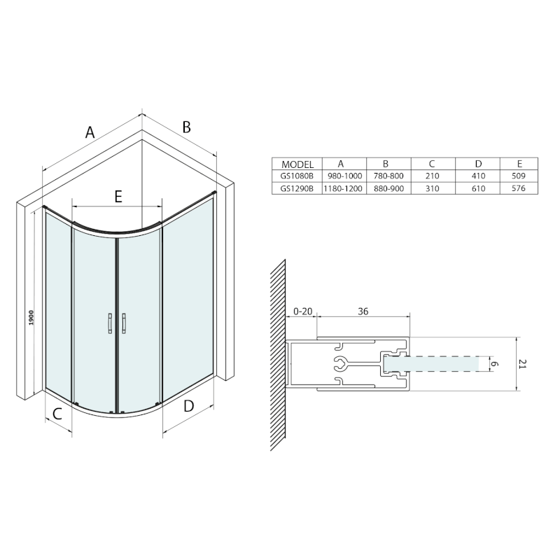 SIGMA SIMPLY BLACK čtvrtkruhová sprchová zástěna 1000x800 mm, R550, L/R, čiré sklo GS1080B