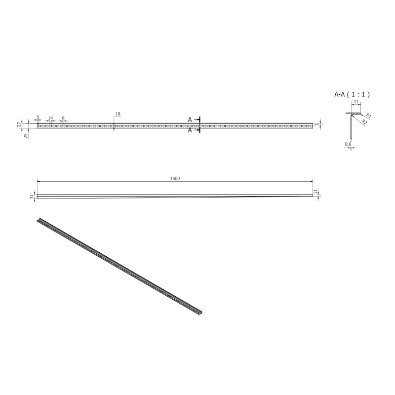 Spádová lišta, levá, výška 10 mm, délka 1500 mm, nerez mat SPD1510-L