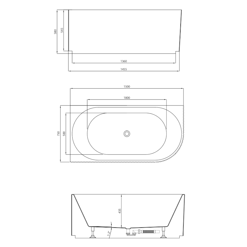 TIBERA STRIP L rohová stojící vana, 150x75cm, bílá E1047G