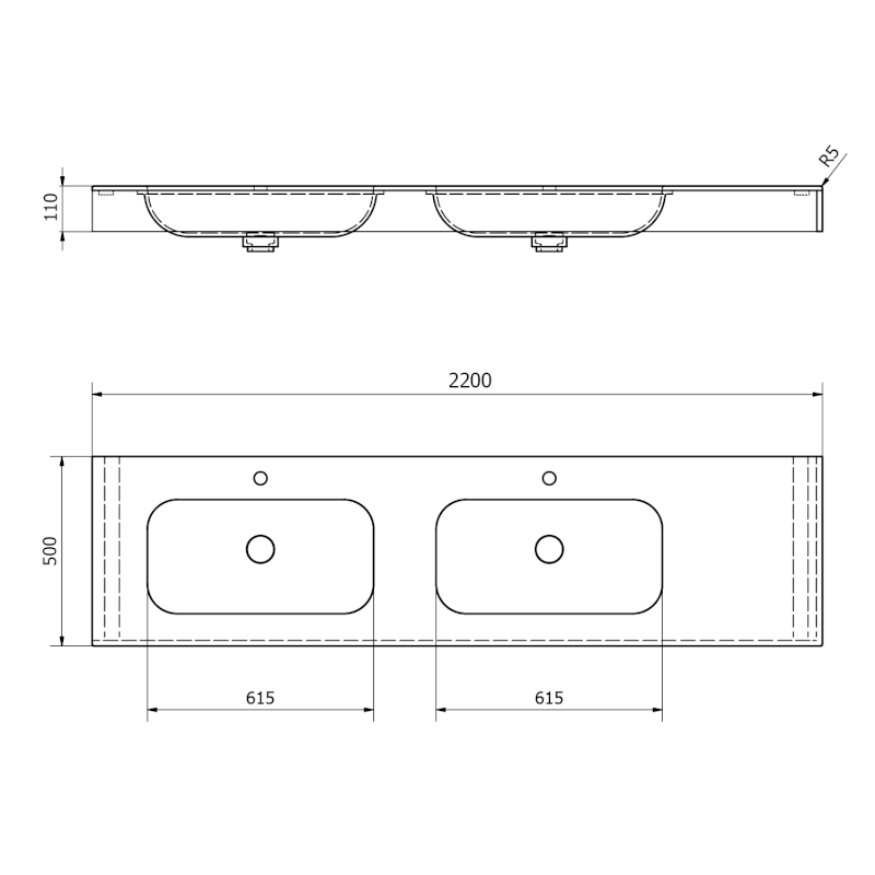EMICO dvojumyvadlo, Rockstone, 220x50cm, límec L, levé, bílá mat EM220-B2L-L
