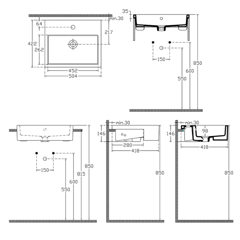 PURITY keramické umyvadlo polozápustné, 50x42cm, bílá 10PL52050