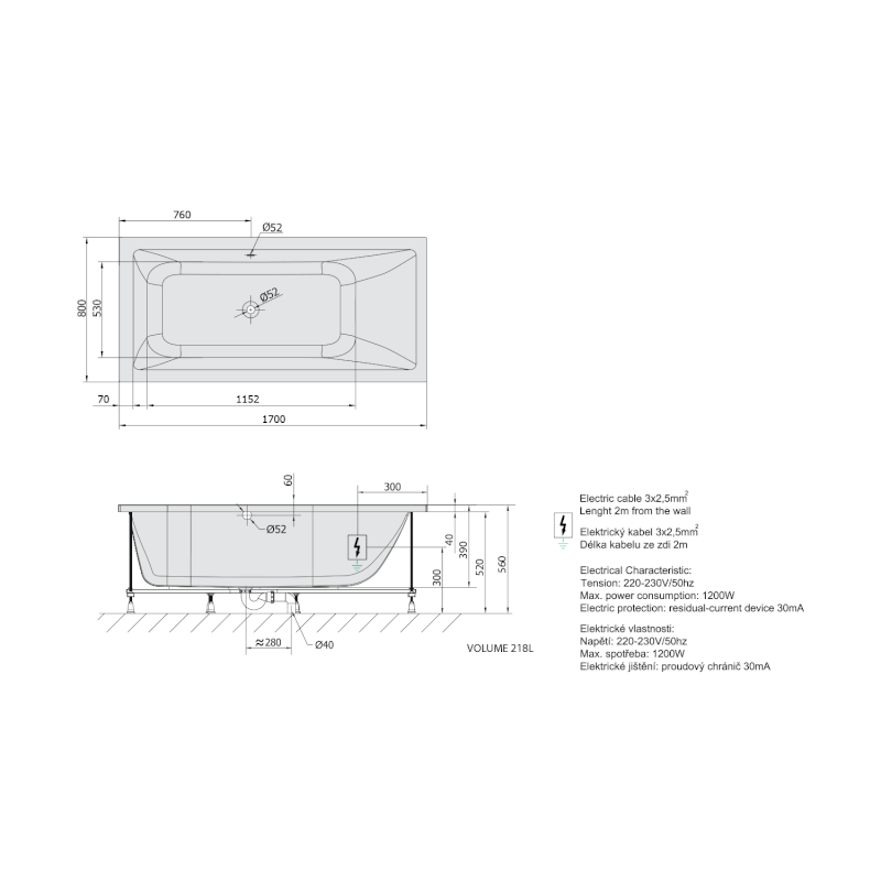MIMOA hydromasážní vana, 170x80x39cm, Attraction Hydro, chrom 71713.3010