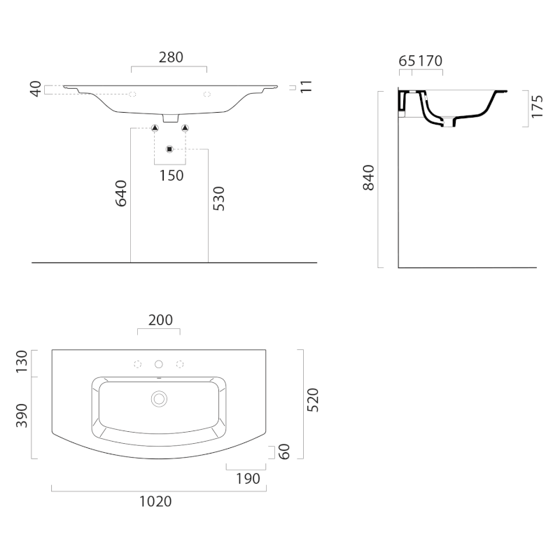 PURA keramické umyvadlo Slim oblé 102x52cm, bez otvoru, bílá ExtraGlaze 8825011