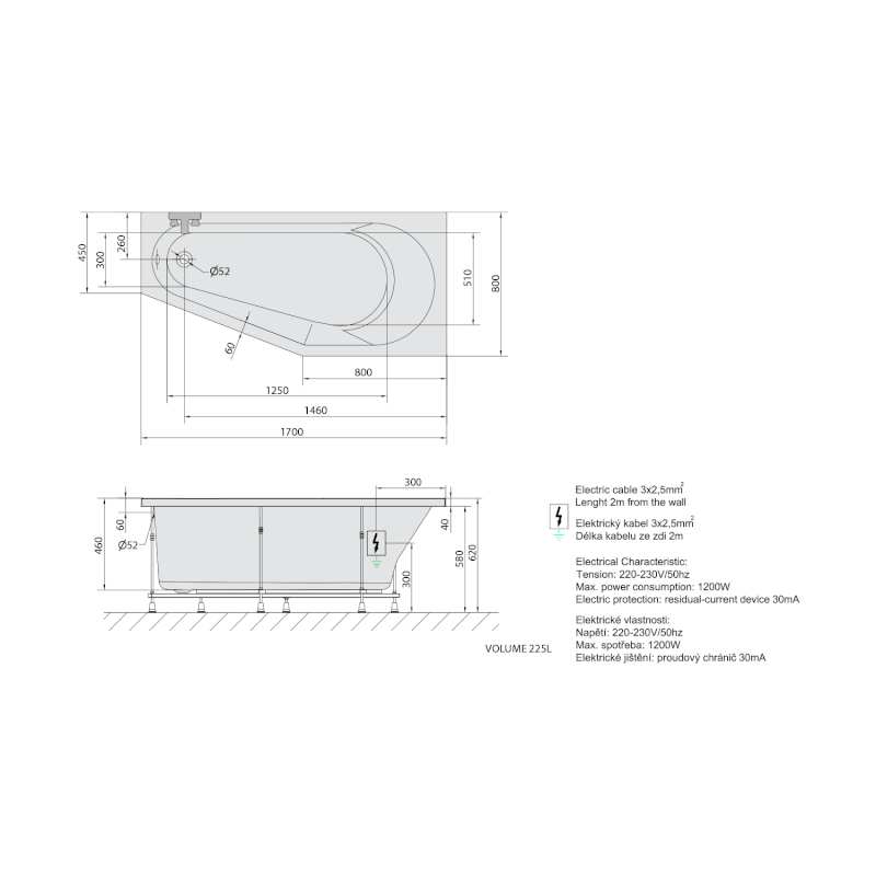 TIGRA R hydromasážní vana, 170x80x46cm, Highline Hydro-Air, chrom 90611.6010