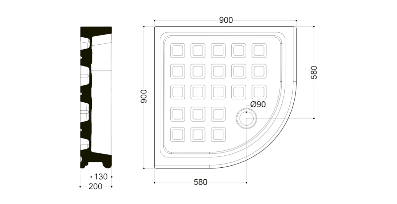 RETRO keramická sprchová vanička, čtvrtkruh 90x90x20cm, R550, bílá 133901