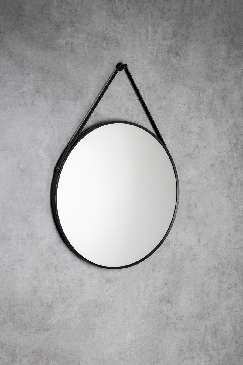 STAGO kulaté zrcadlo ø 60cm, kožený pásek, černá mat SG065