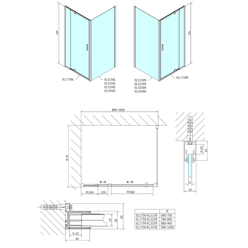 EASY sprchové dveře otočné 880-1020mm, sklo Brick EL1738