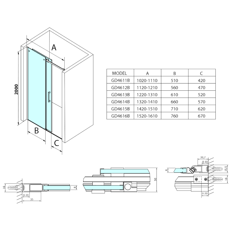 DRAGON BLACK sprchové dveře 1100mm, čiré sklo GD4611B