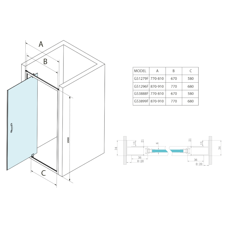 SIGMA SIMPLY sprchové dveře otočné 900mm, čiré sklo GS1296F