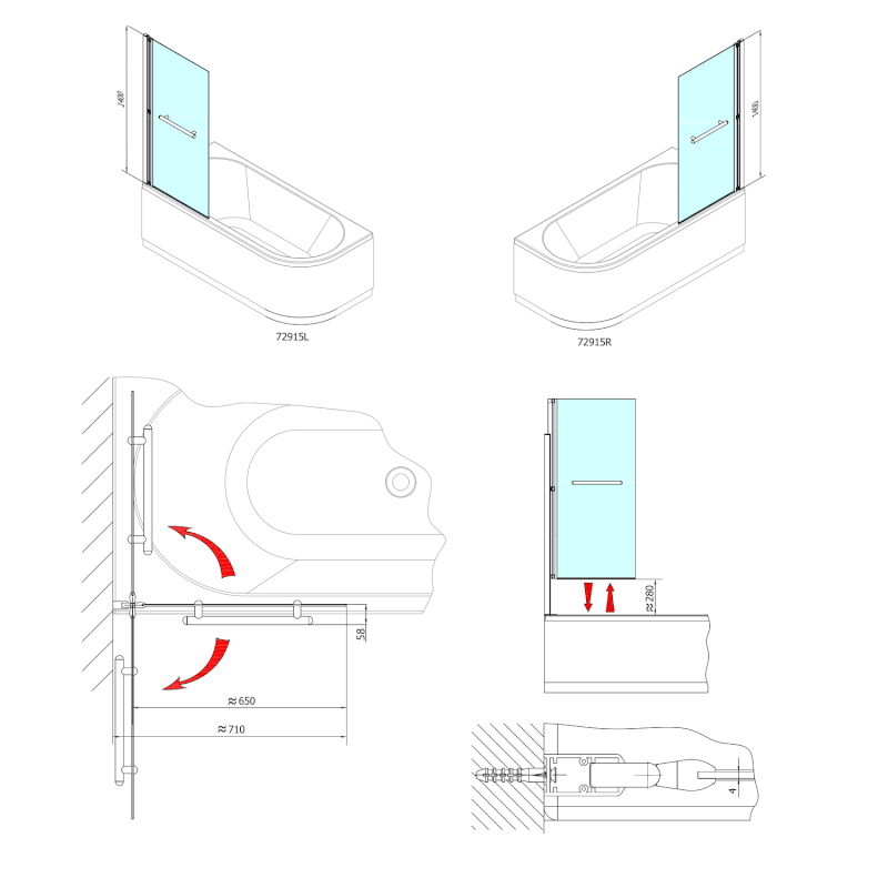 RIONI vanová zástěna s pneumatickým zdvihem, š. 710mm, stříbrná, čiré sklo 72915