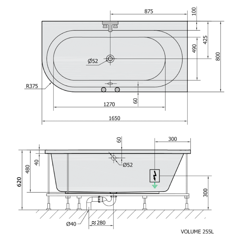 ASTRA R hydromasážní vana, 165x80x48cm, Highline Hydro, chrom 34611.5010