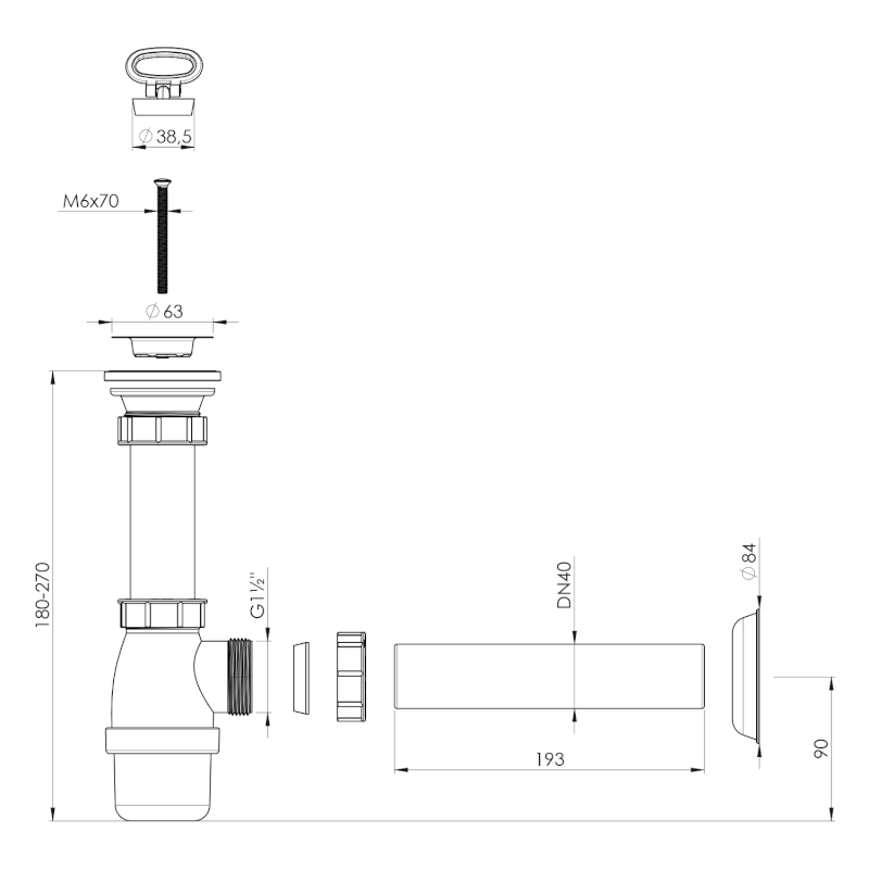Umyvadlový sifon, nerez výpust, zátka s uchem, DN40, bílá 151.112.0