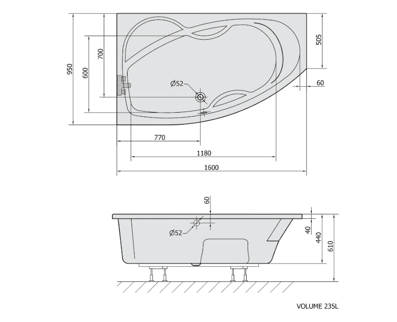 MAMBA L asymetrická vana 160x95x44cm, bílá 27111