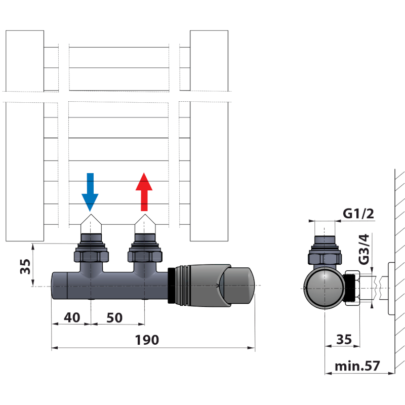 WICHER připojovací sada termostatická pro středové připojení 50mm, černá mat 600.311.6