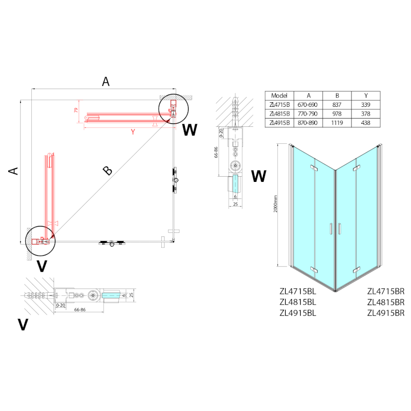 ZOOM BLACK sprchové dveře skládací 900mm, čiré sklo, levé ZL4915BL