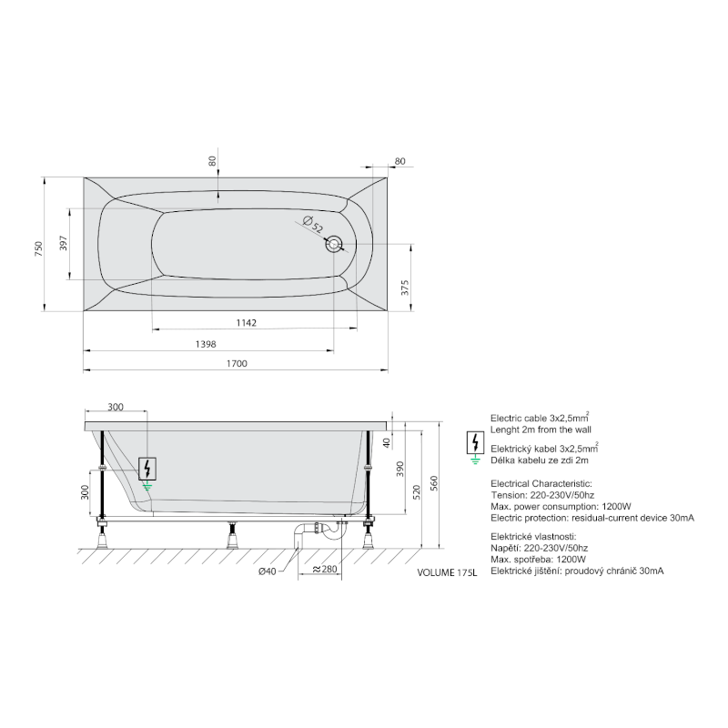 EBRO hydromasážní vana, 170x75x39cm, Active Hydro-Air, chrom 26711.2010