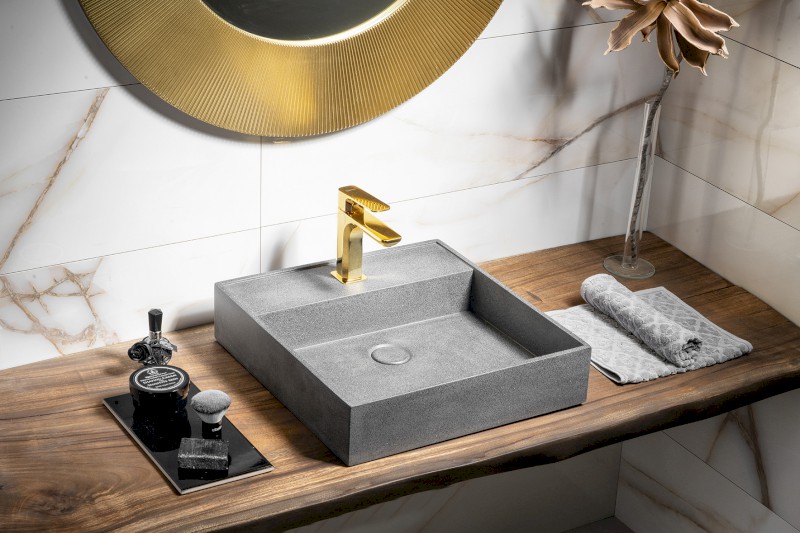 QUADRADO betonové umyvadlo včetně výpusti, 46x46cm, černý granit AR468