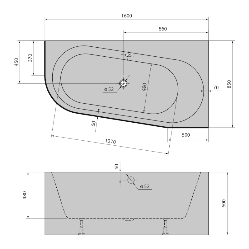 ASTRA WR MONOLITH asymetrická vana 160x85x60cm, bílá 31611M