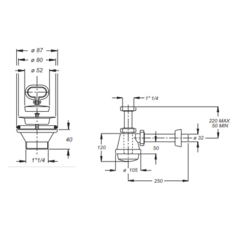 Sifon pro výlevku, nerez výpust 80mm, zátka s uchem, DN32, bílá WEH070