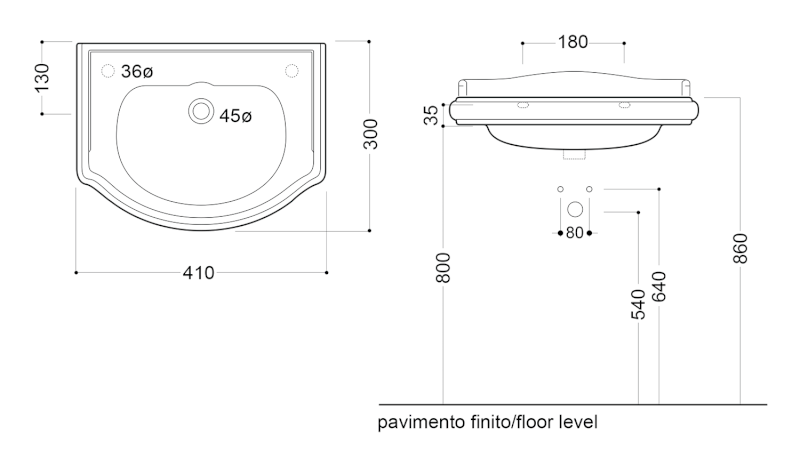 RETRO keramické umývátko 41x30cm, otvor pro baterii vlevo, bílá 103301SX
