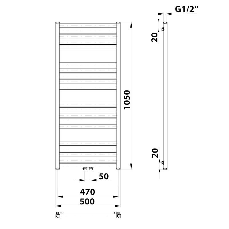 GRUNT otopné těleso rovné 500x1050mm, středové připojení, černá mat 600.121.6