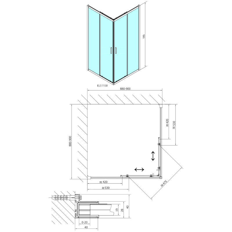 EASY BLACK čtvercová sprchová zástěna 900x900mm, čiré sklo EL5115B