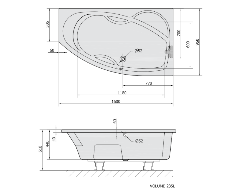 MAMBA R asymetrická vana 160x95x44cm, bílá 28111