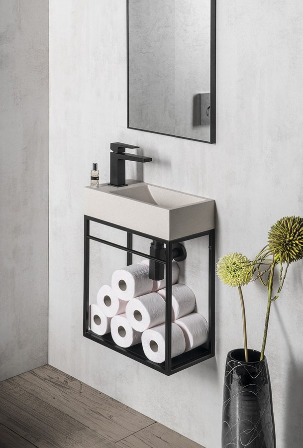 CREST L betonové umývátko, nástěnné, včetně výpusti, 40x22cm, bílý pískovec AR410