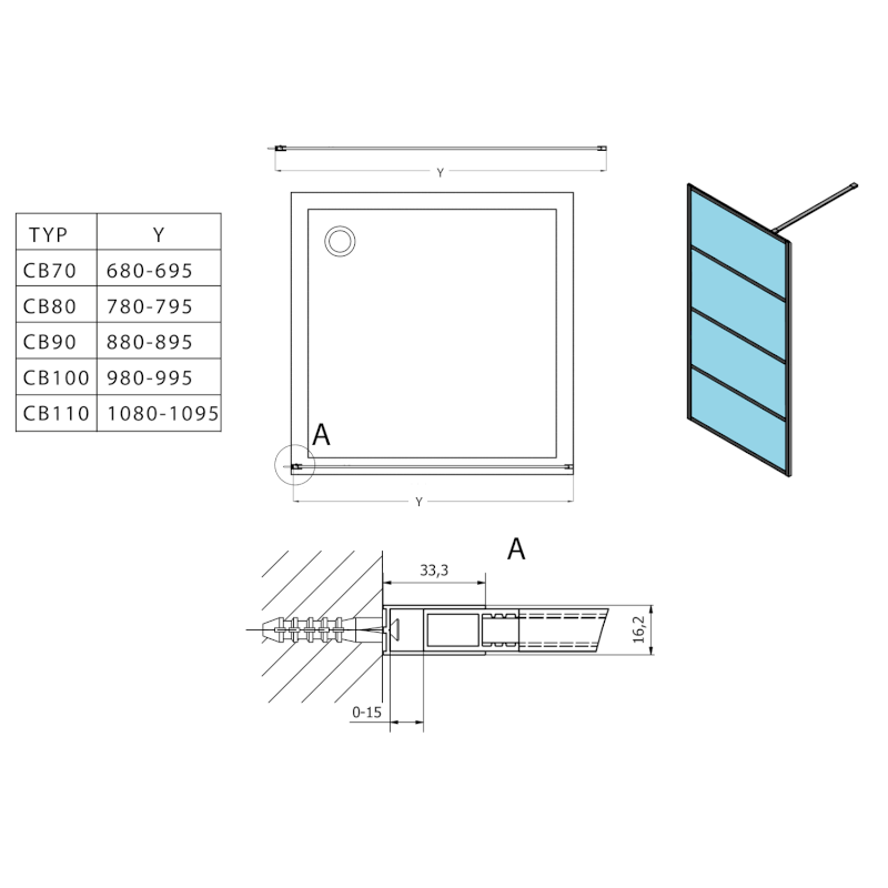 CURE BLACK sprchová zástěna 700mm, čiré sklo CB70