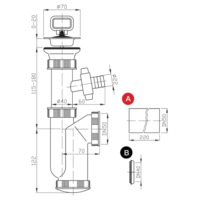 Dřezový sifon s odbočkou 6/4