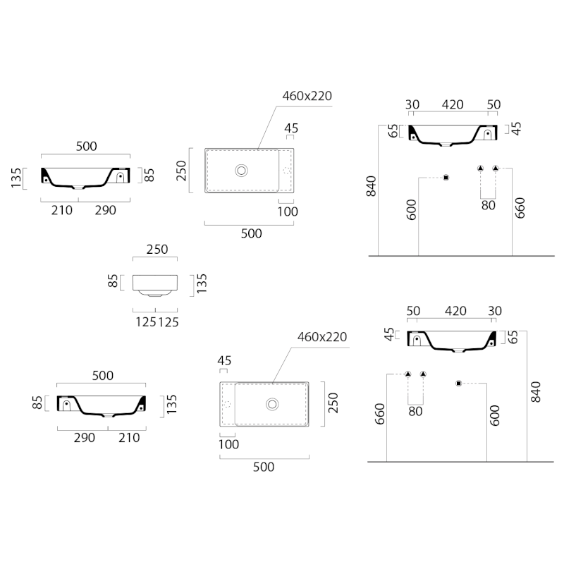 NUBES keramické umývátko 50x25cm, bez otvoru, pravé/levé, černá mat 9637026
