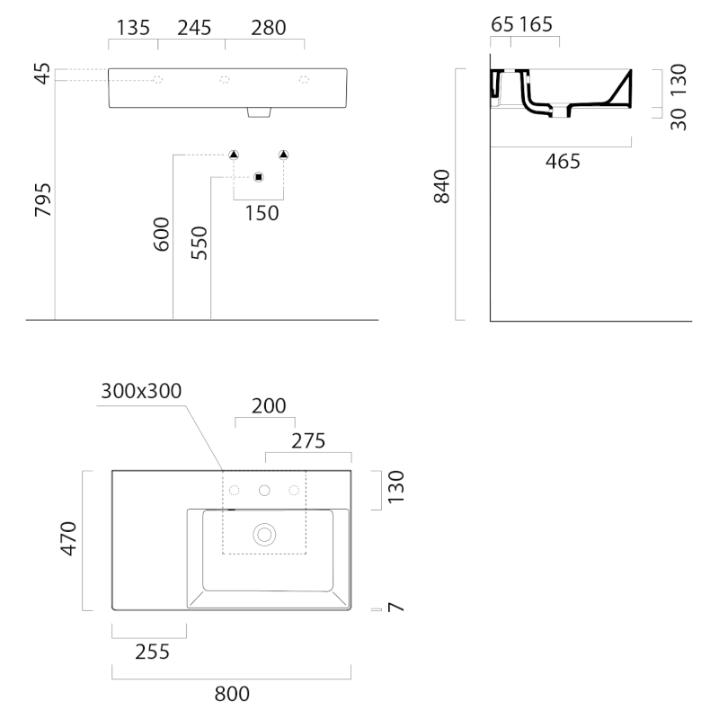 KUBE X keramické umyvadlo 80x47cm, s odkládací plochou vlevo, bez otvoru, bílá mat 9457009