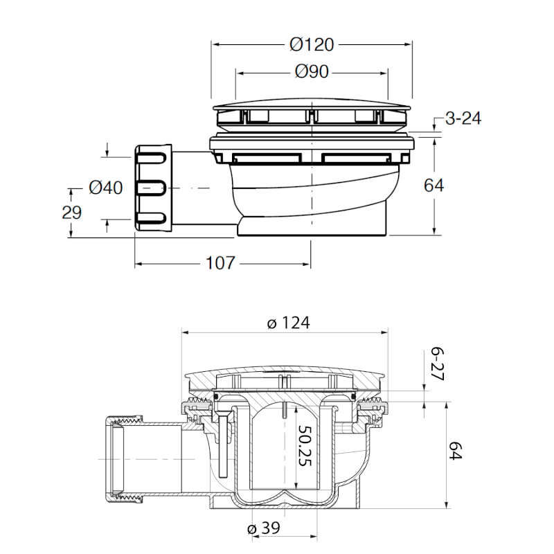 Vaničkový sifon, průměr 90mm, DN40, nízký, krytka chrom PILDSR