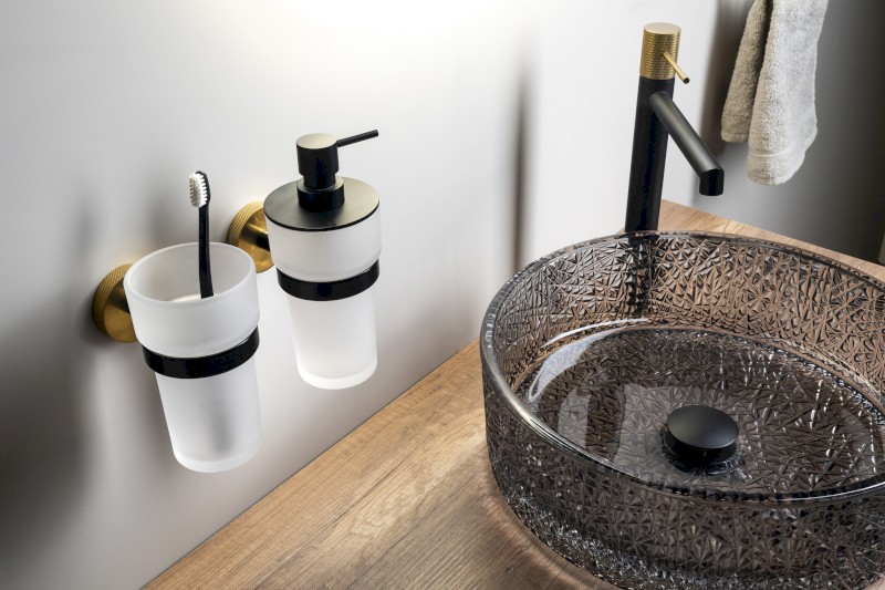 LARISSA dávkovač mýdla 250ml, mléčné sklo, černá/zlato mat WS019BG