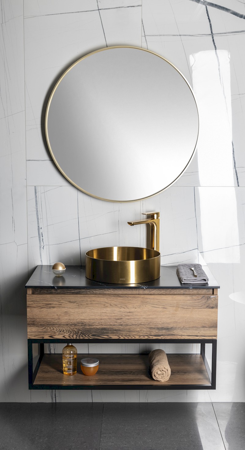 AURUM nerezové umyvadlo na desku, průměr 38cm, včetně výpusti, zlato mat AU201