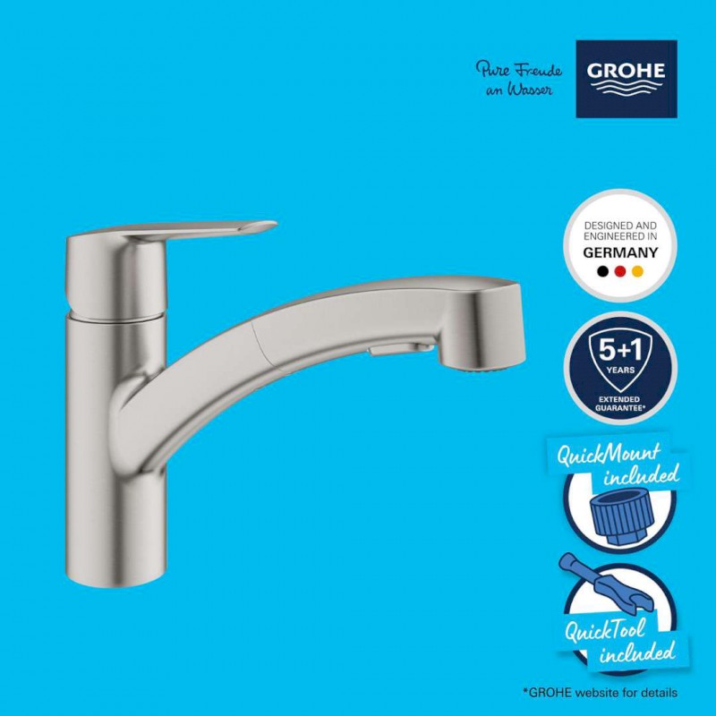 QuickFix Start Dřezová baterie s výsuvnou sprškou, supersteel GROHE 30531DC1
